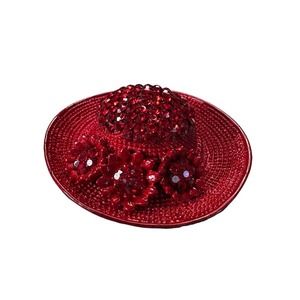 Vintage OTC rhinestone sunflower red hat brooch pin